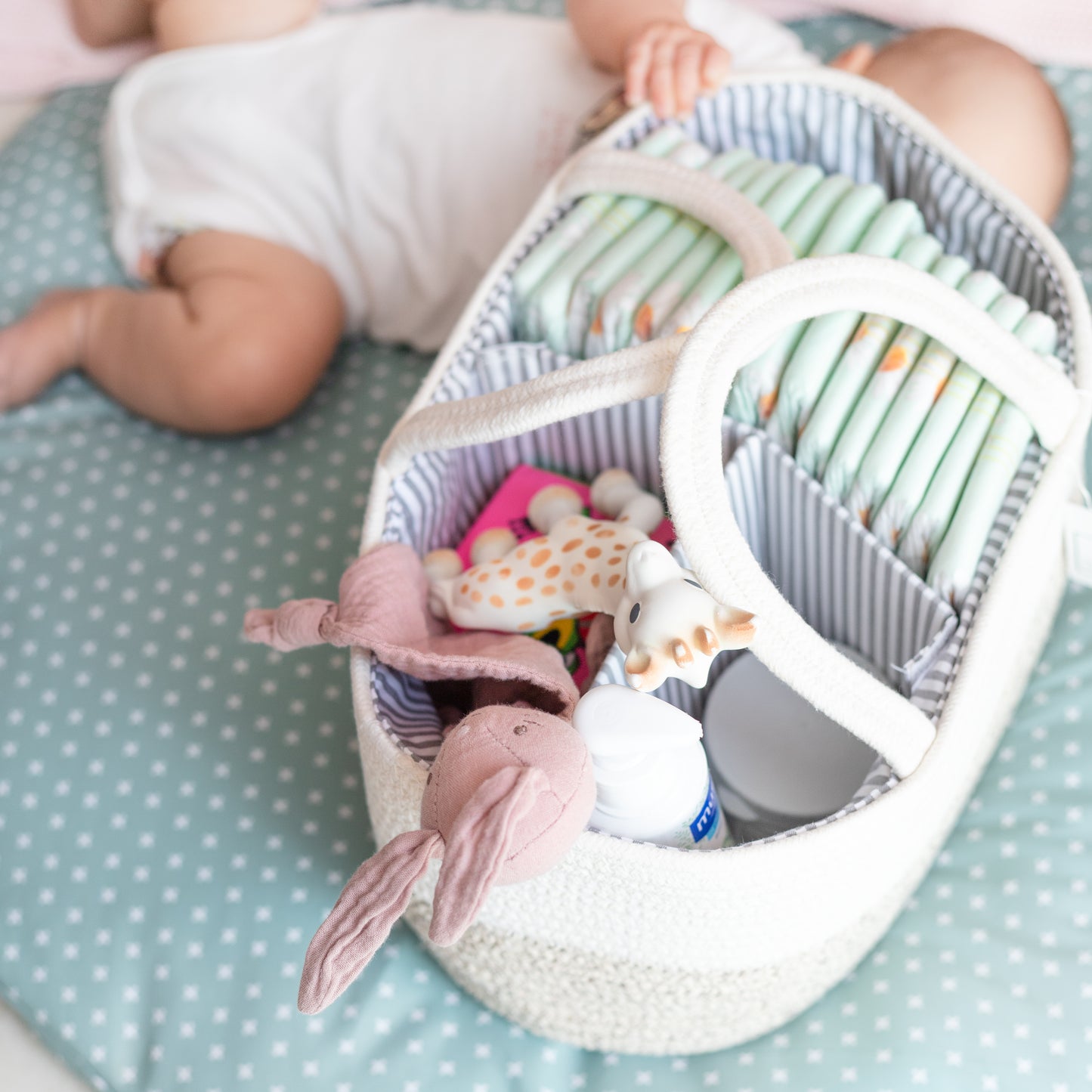 Cotton Rope Diaper Caddy Basket with Divider & Handles (White & Natural)