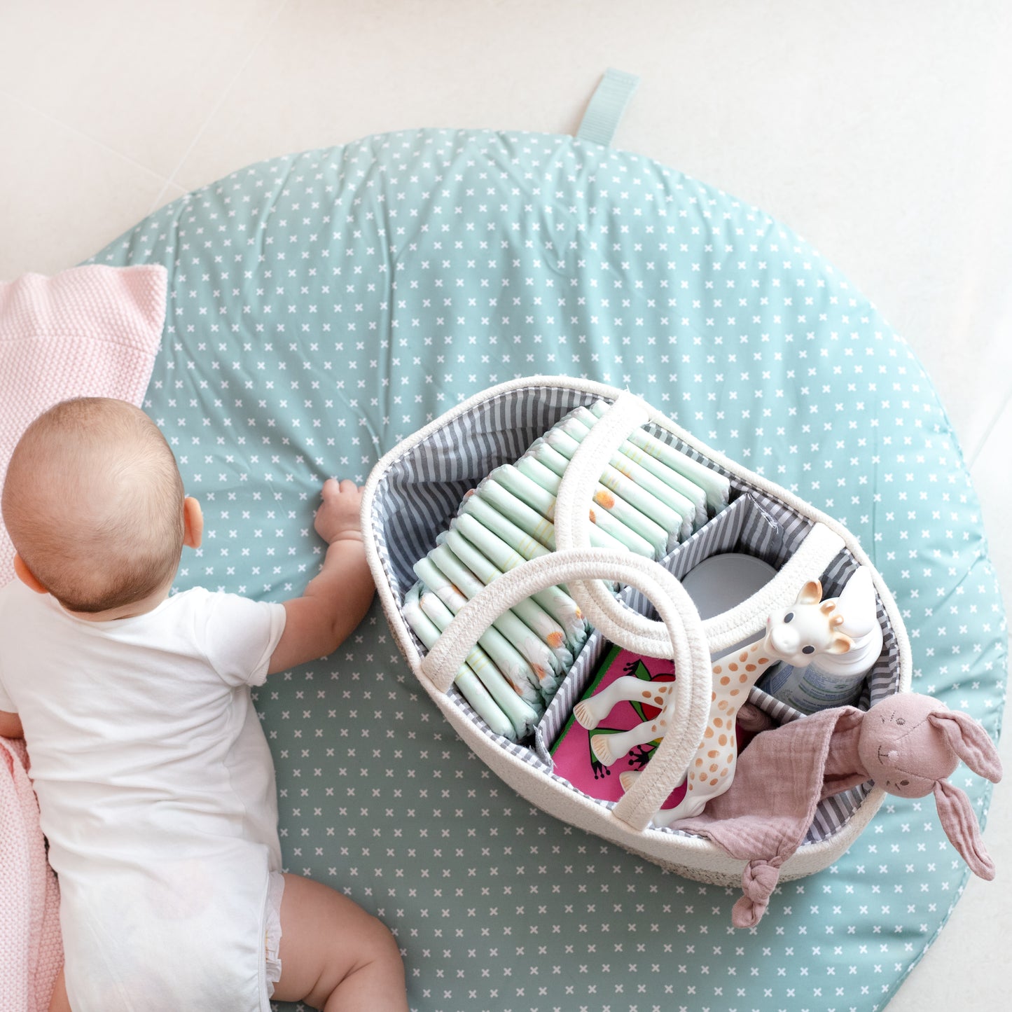 Cotton Rope Diaper Caddy Basket with Divider & Handles (White & Natural)