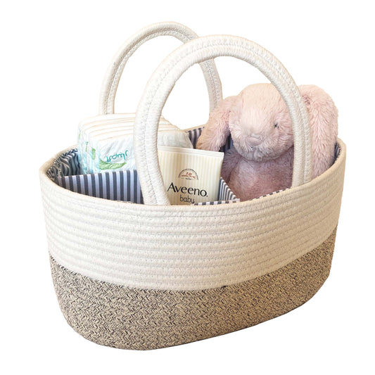 Cotton Rope Diaper Caddy Basket with Divider & Handles (White & Natural)